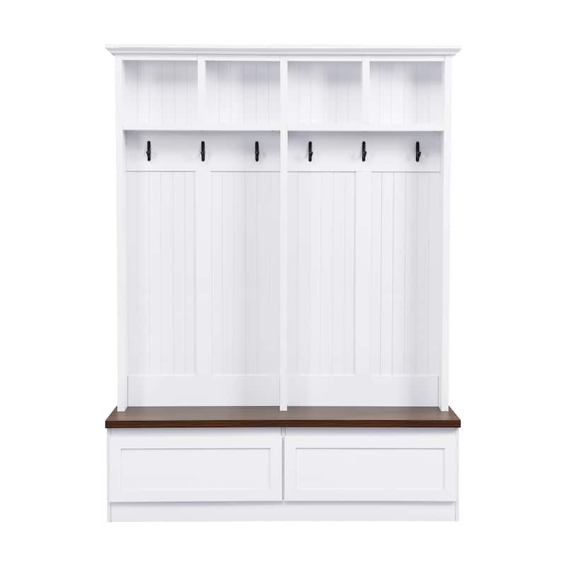 4-in-1 Wood Grain Entryway Hall Tree Storage Cabinet, Curved Top Shoe Cabinet Coat Rack with Drawers