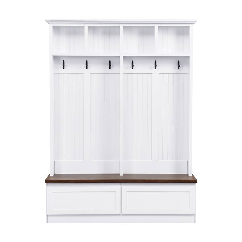 Farmhouse 4-In-1 Hall Tree with Wood Grain Bench and 2 Large Drawer