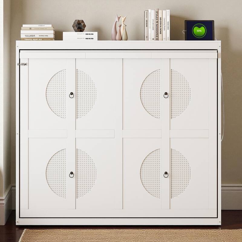 Full/Queen Size Murphy Wall Bed with Cabinet, Space-Saving Fold-Out Bed with Slat Support, No Box Spring Needed - White - Full