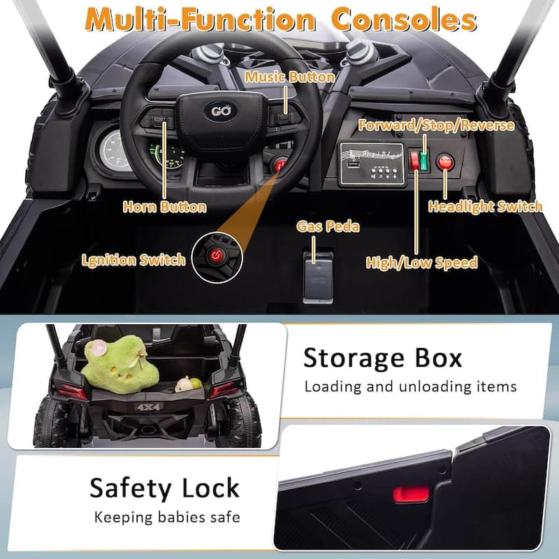 2 Seater Kids Ride on Car Off-Road UTV Toy with Sun Shade, Black