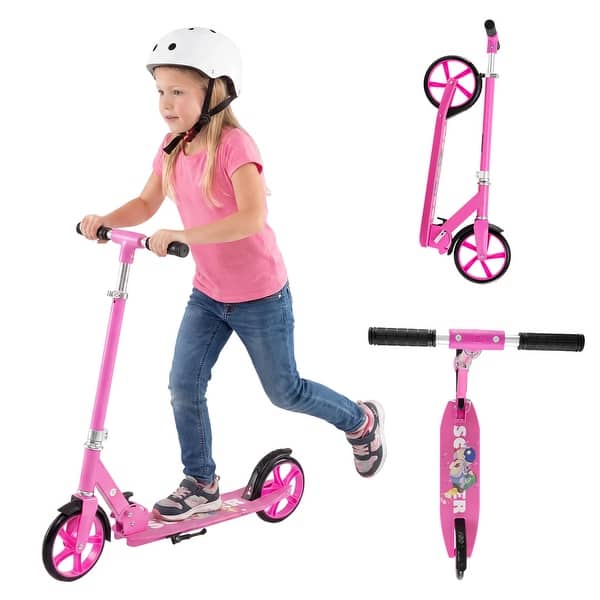 slide 2 of 20, Gymax Folding Kick Scooter w/ 3 Adjustable Heights 8 Inches Big Wheels Pink