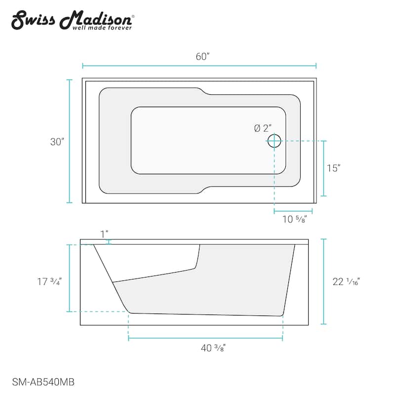 Swiss Madison Voltaire, Acrylic White, Alcove, Integral Armrest, Bathtub with Apron