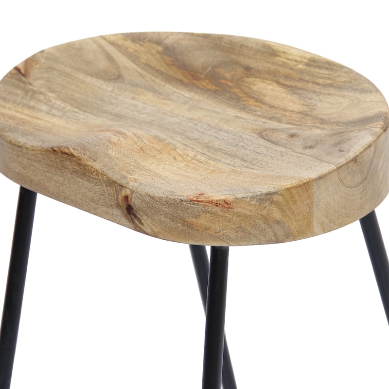 Ela 30 Inch Mango Wood Bar Stool, Saddle Seat, Iron Frame Brown and Black