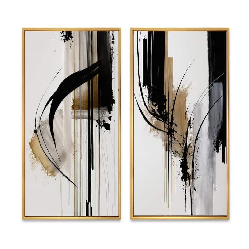 Designart "Black, White And Gold Expression I" Abstract Framed Canvas Set Of 2 For Living Room Decor