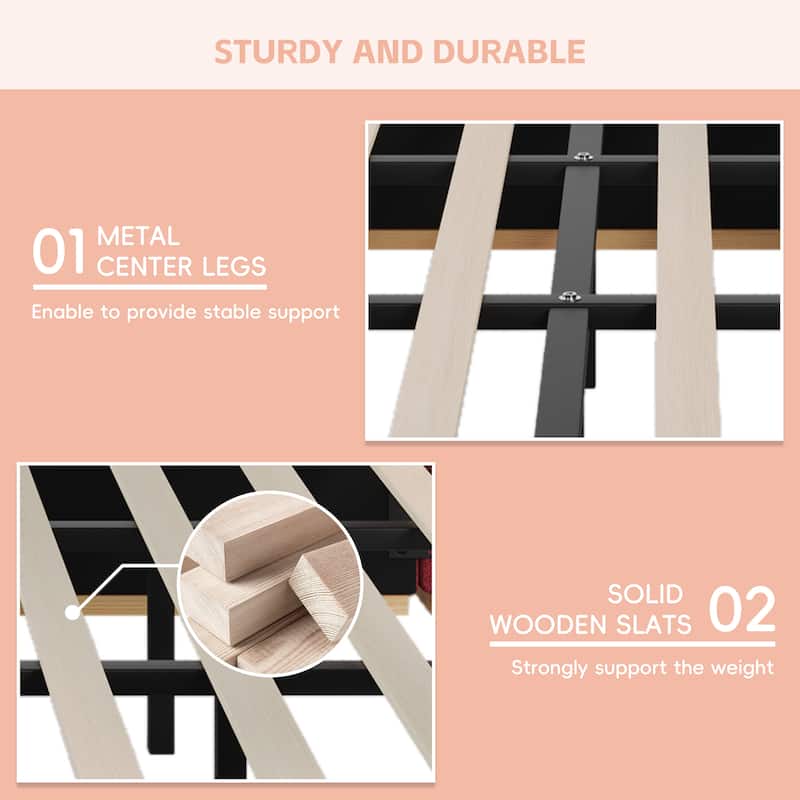 Roomfitters Queen Size Upholstered Platform Bed Frame, Modern Panel Headboard with Rounded Corners, Solid Wood Slats