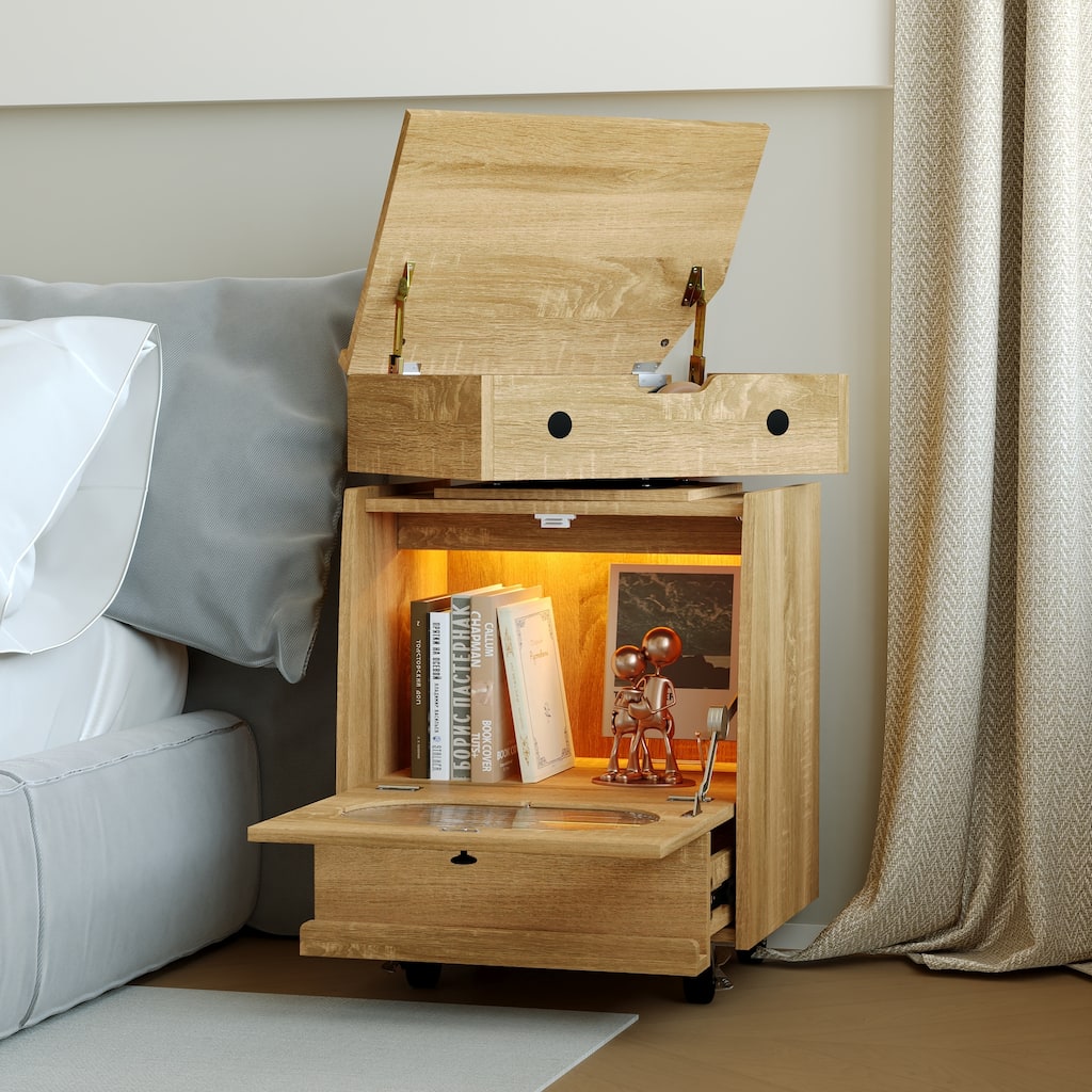 Nightstand Rotating Storage Cabinet w/Touch Light Fluted Glass Door & Rolling Base Oak Organizer