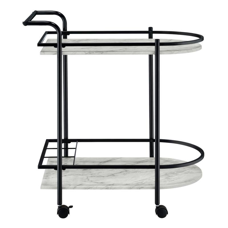 Rhea 32 Inch Bar Cart Trolley, U Shaped Tray, Faux Marble Shelves, Black