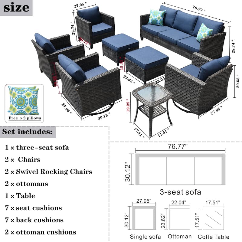 OVIOS 8-piece Patio Wicker Conversation Furniture Set with Swivel Chairs