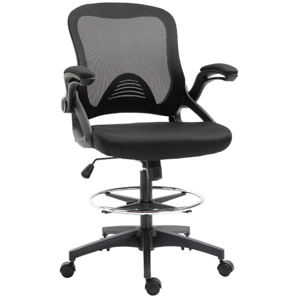 Black Ergonomic Drafting Chair Adjustable Height Mesh Fabric Swivel with Flip Up Armrests - 25.25" W x 23.5" D x 41.75"-49.5" H