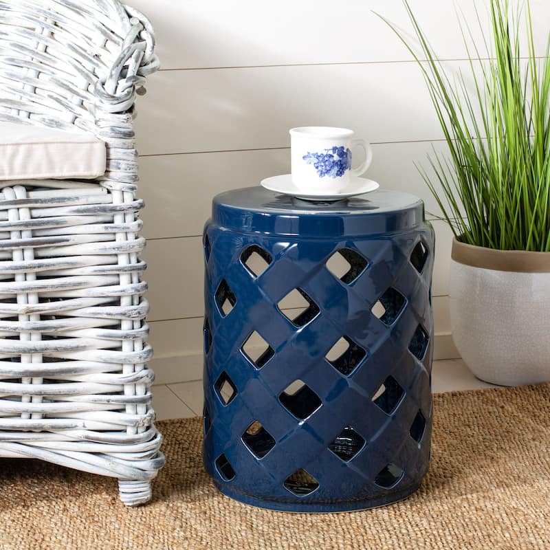 SAFAVIEH Rowena Lattice Ceramic Decorative Garden Stool - Navy