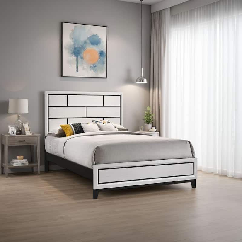 Asir Twin Size Bed, Geometric Panel Headboard, Modern White Wood Finish