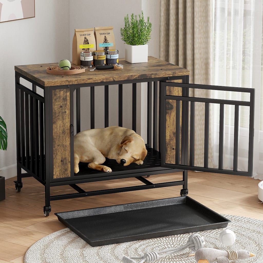 Dog House Furniture, Wooden Dog House Dining Table with Iron Door and Tray