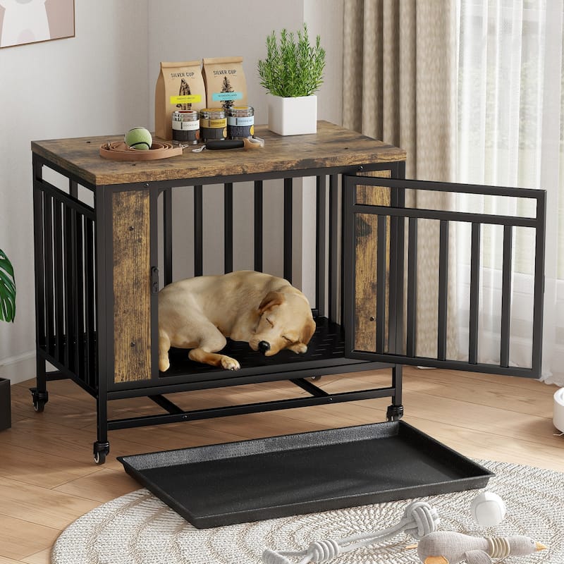 GDFStudio - Kary Wooden Dog Crate Furniture with Iron Door and Tray for Medium/Small Dogs - Vintage Wooden