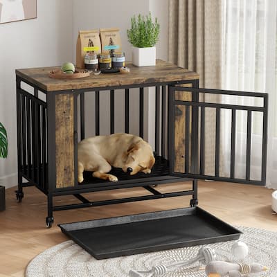 GDFStudio - Kary Wooden Dog Crate Furniture with Iron Door and Tray for Medium/Small Dogs