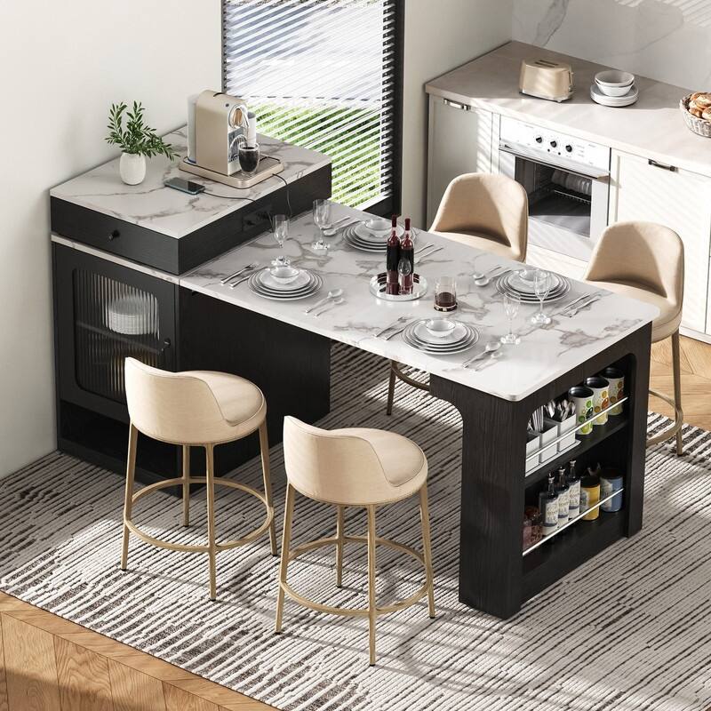 59.5" Kitchen Island with Extendable Dining Table Double-sided Storage and Built-in Power Outlet for Kitchen, Dining Room
