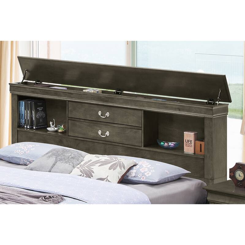 Southwestern Style Full Storage Bed - Gray Platform Bed with 6 Drawers & Bookcase Headboard