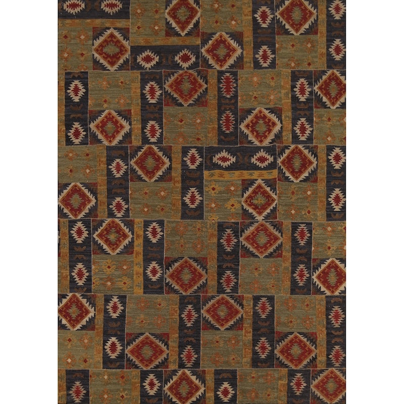 All-Over Geometric Kilim Indian Area Rug Hand-Woven Wool Carpet - 7'8"x 9'10"