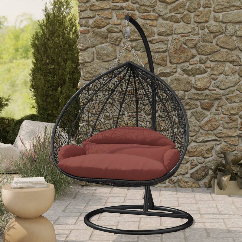 2-Person Outdoor Hanging Egg Chair with Teardrop Frame, Weather-Resistant Cotton Cushioned Seat for Patio and Indoor Use