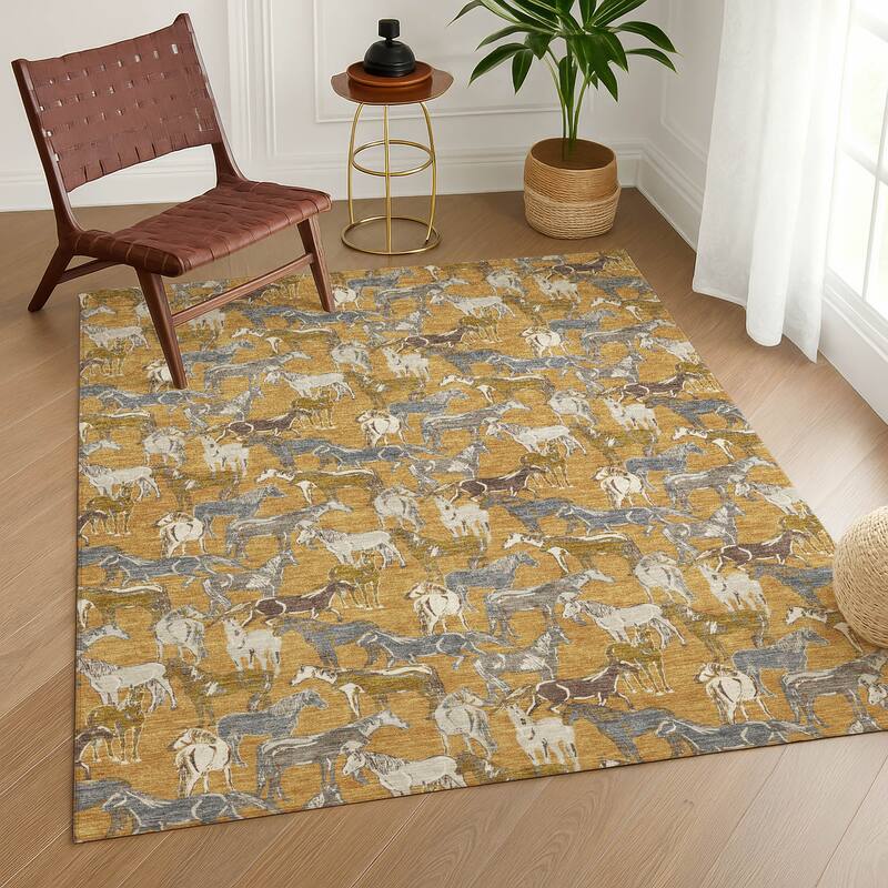 Machine Washable Indoor/ Outdoor Horse Herd Chantille Rug