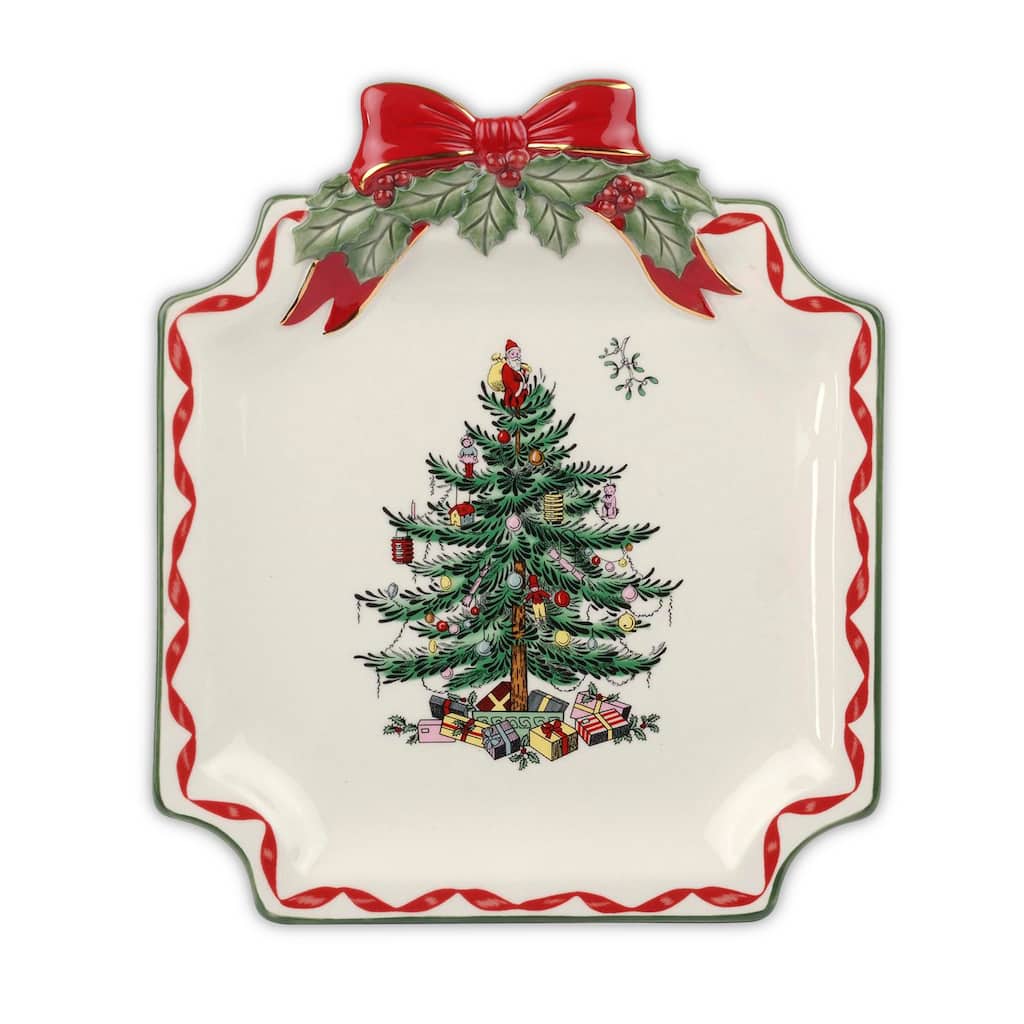 Spode Christmas Tree Ribbons Canape Plate - 8" L x 6.5" W