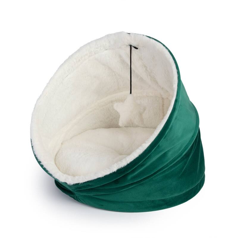 Cozy Cat House Velvet With Sherpa + Dangling Ball - 16"16" - Green