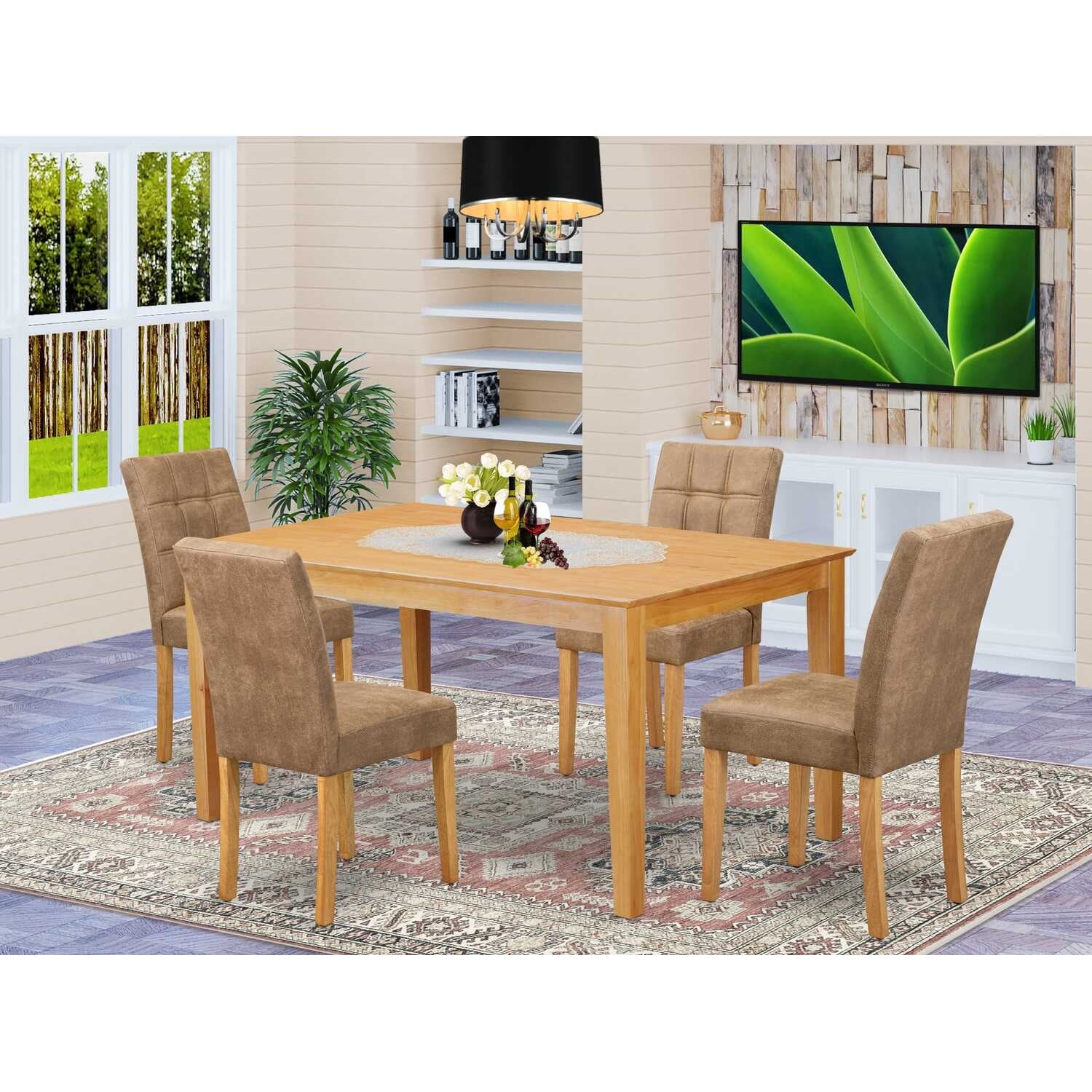5-Piece Rectangular Natural Oak Finish Solid Wood Top-Dining Room Set-Seats 4