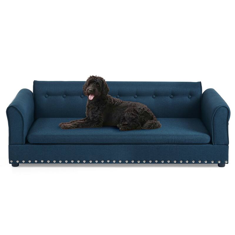 Oversized Pet Sofa, Elegant Modern Linen Fabric Elevated Dog Sofa Bed, Oversized Rectangular Pet Bed with Backrest & Armrest
