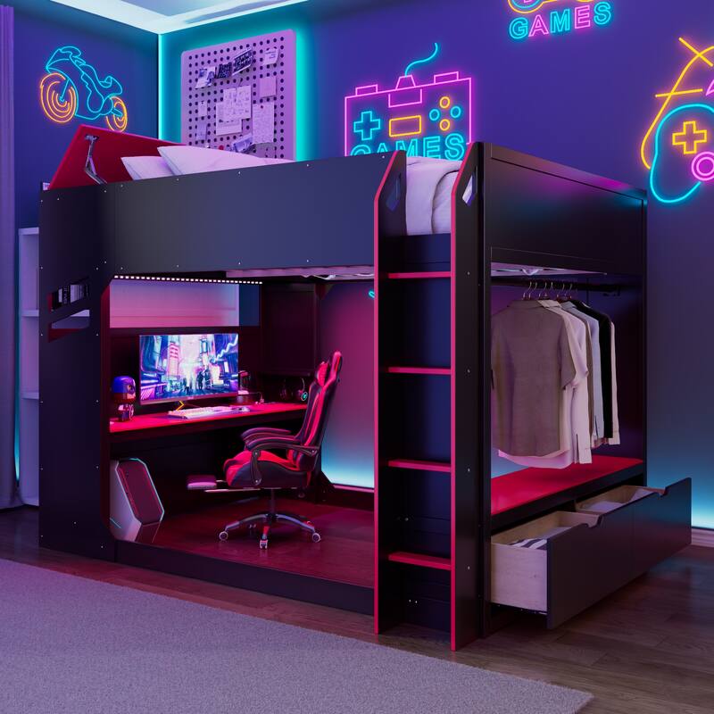 Full Size Gamer Loft Bed with Adjustable Desk, RGB Light Strip and Charging Station by Harper&Bright Designs - Red