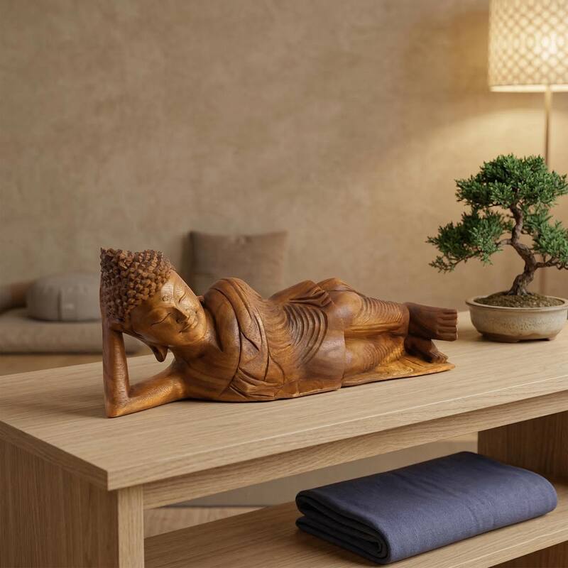 Wooden Hand Carved Serene Reclining Buddha Statue Sculpture Handmade Figurine Decorative Home Decor Accent Handcrafted