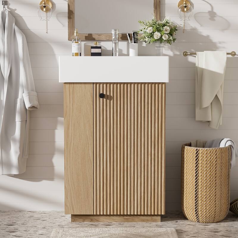 21.6" Modern Bathroom Vanity with Ceramic Sink - Freestanding Wood Grain Cabinet with Open & Closed Storage for Small Spaces