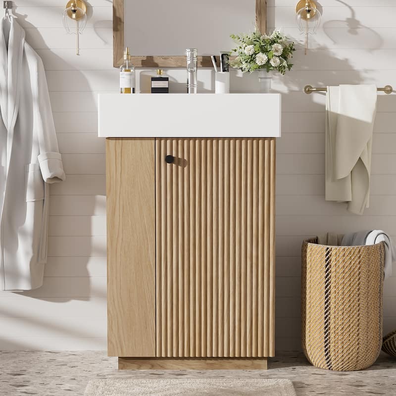 22" Bathroom Vanity with Ceramic Sink - Freestanding Modern Wood Grain Cabinet, Open & Closed Storage for Small Bathrooms - Brown