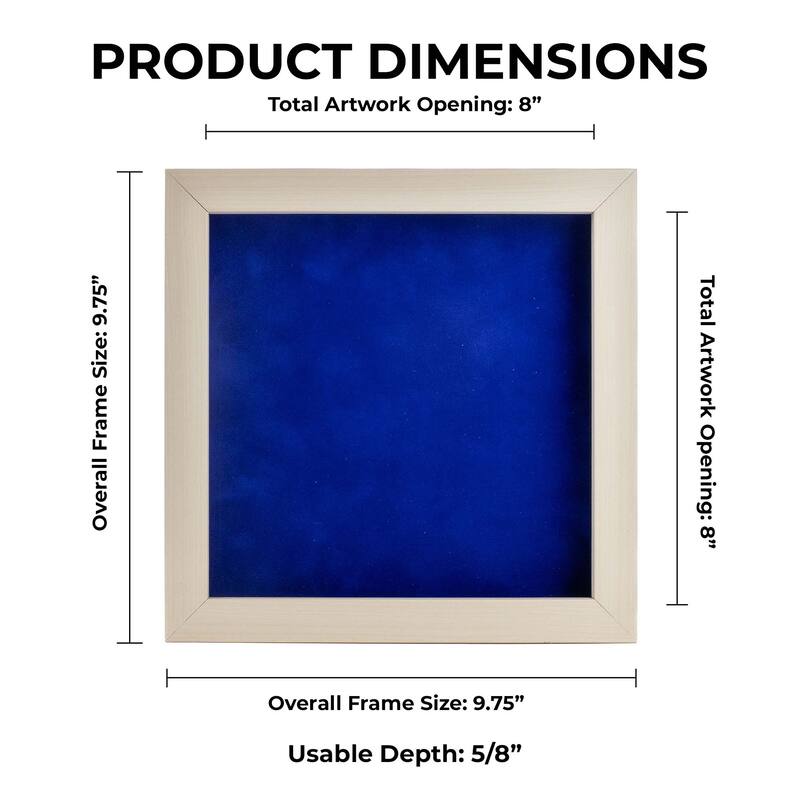 8x8 Shadow Box Frame White Washed Wood | With a 3/4" Usable Display Depth | Includes a Royal Blue Real Suede Texture Acid-Free