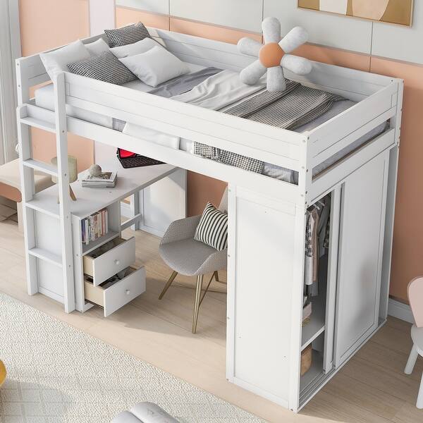 slide 2 of 17, White Twin Loft Bed with Desk, Wardrobe, and Storage Drawers White