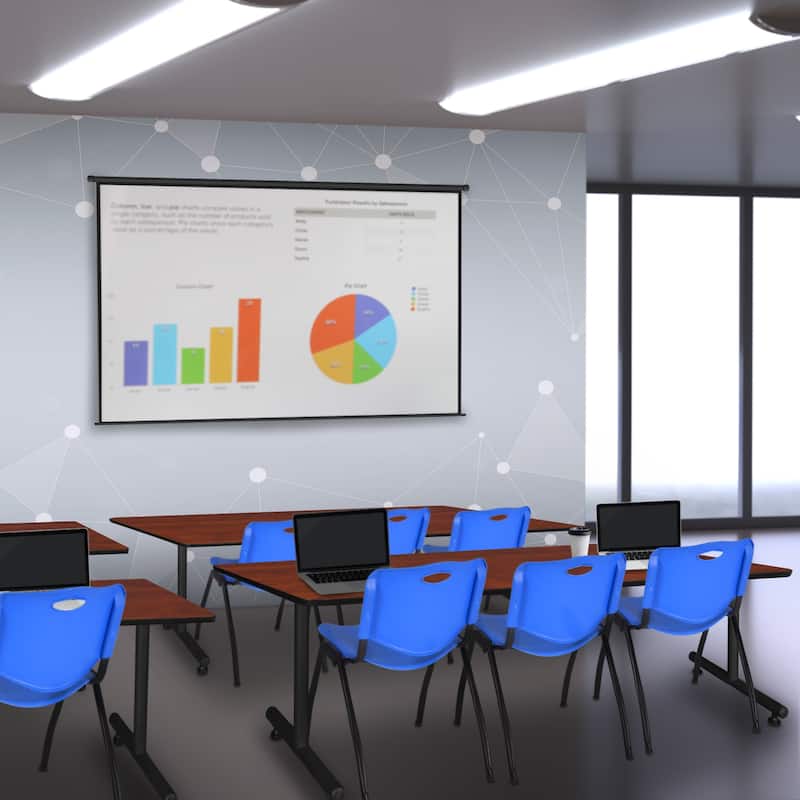 84" x 24" Training Table- Cherry & 3 'M' Stack Chairs- Blue - 84 x 24 inches