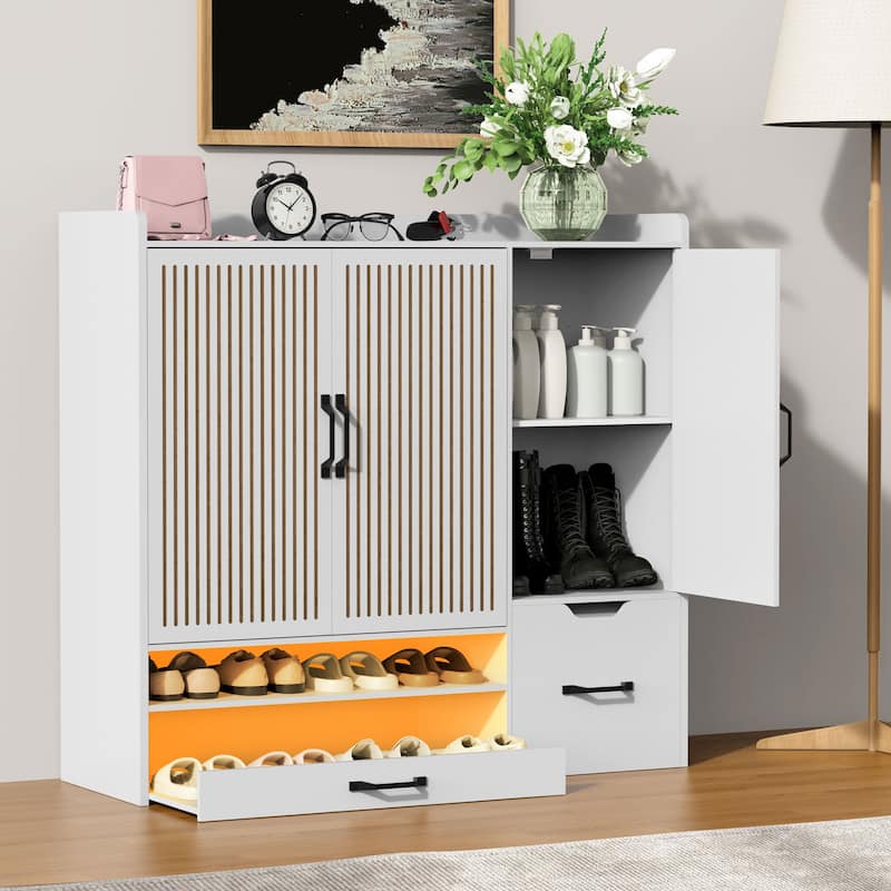 Multi-functional Shoe Cabinet with Adjustable Shelves, Stool, Retractable toe-kick drawer, Minimalist Shoe Storage Organizer