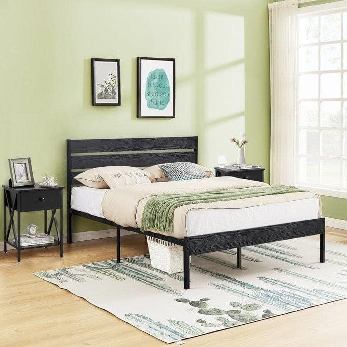 Modern Industrial Platform Bed Frame with Black Oak Headboard