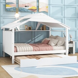 Full Size Solid Wood House Bed with Trundle and Storage for for Kids, Boys and Girls