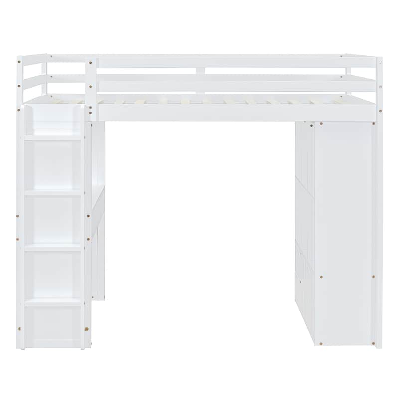 Twin Size Solid Wood Loft Bed with large shelves, writing desk and LED Light for Bedroom