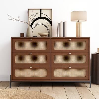 Modern Wood Storage Cabinet with 6 Rattan Drawers for Bedroom, Living Room, Entryway