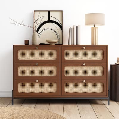 Rattan Dresser for Bedroom with 6 Drawer,Wood Durable Dressers & Chests of Drawers with Metal Legs