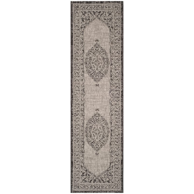 SAFAVIEH Courtyard Thoma Medallion Indoor/ Outdoor Waterproof Patio Backyard Rug - 2'3" x 12' Runner - Light Grey/Black