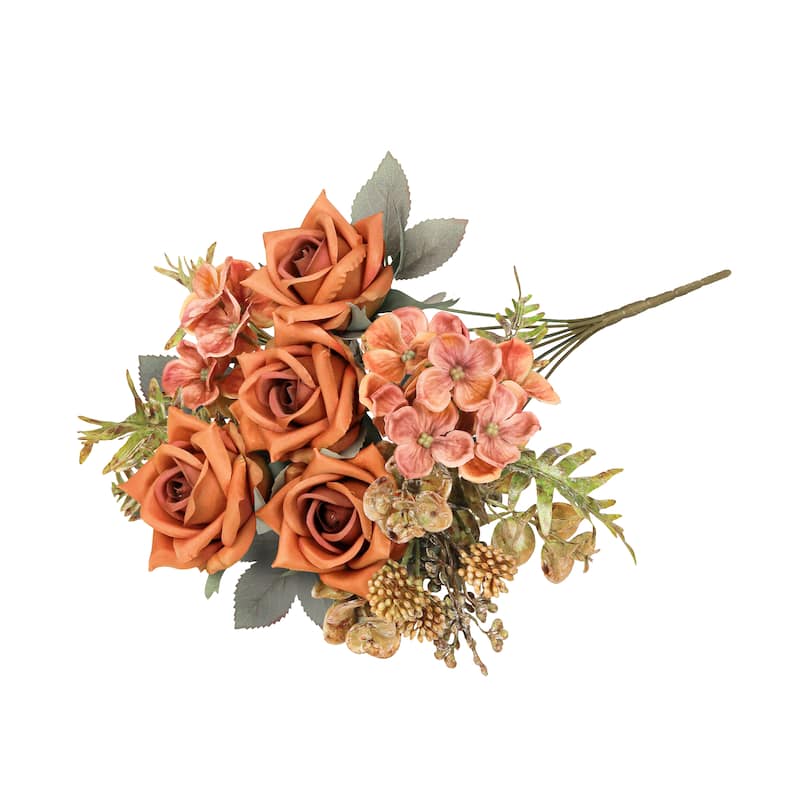 Set of 2 Orange Brown Artificial Mixed Tea Rose Hydrangea Berry Flower Stem Bush Bouquet 15in - 15" L x 9" W x 9" DP
