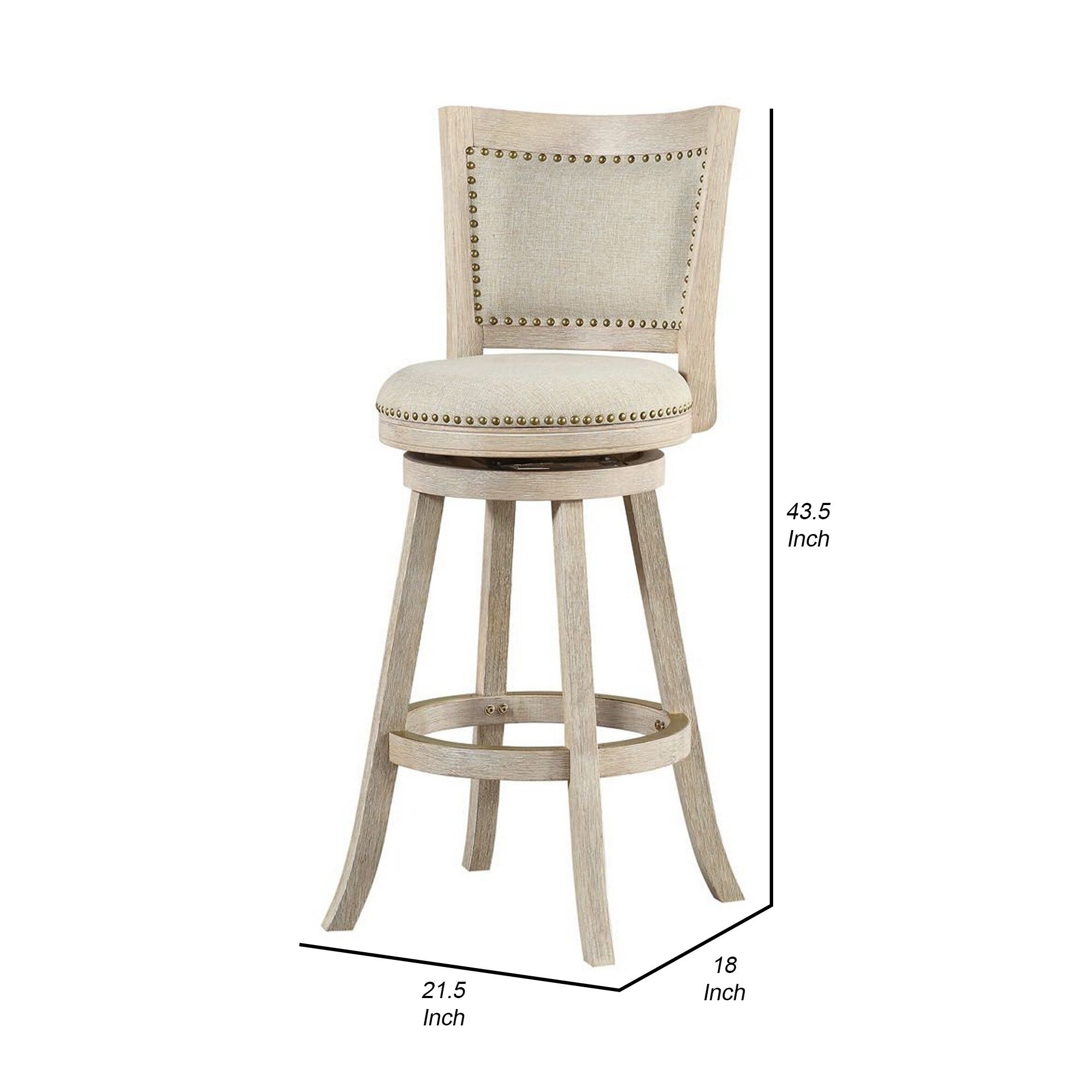 29 Inch Curved Back Wooden Swivel Bar Stool With Nailhead Trim