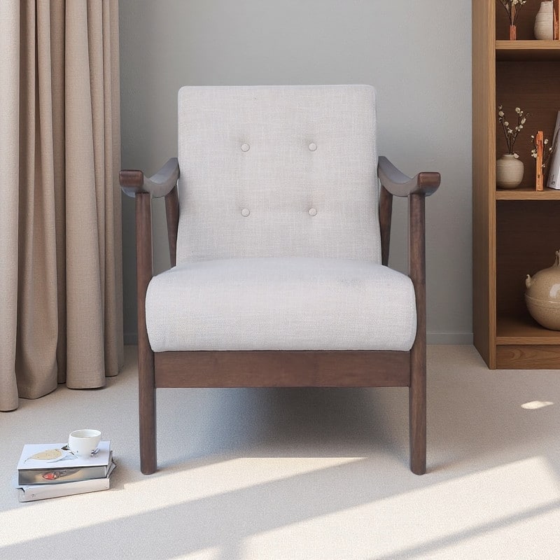 Polyester Upholstery Mid-Century Tufted Armchair with Rubberwood Frame