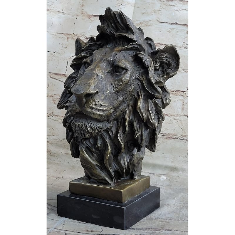 Hot Cast Bronze Male Lion Bust Sculpture Statue Original Art On Marble Base