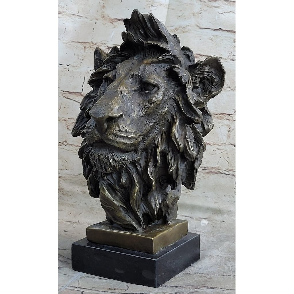 Hot Cast Bronze Male Lion Bust Sculpture Statue Original Art On Marble Base