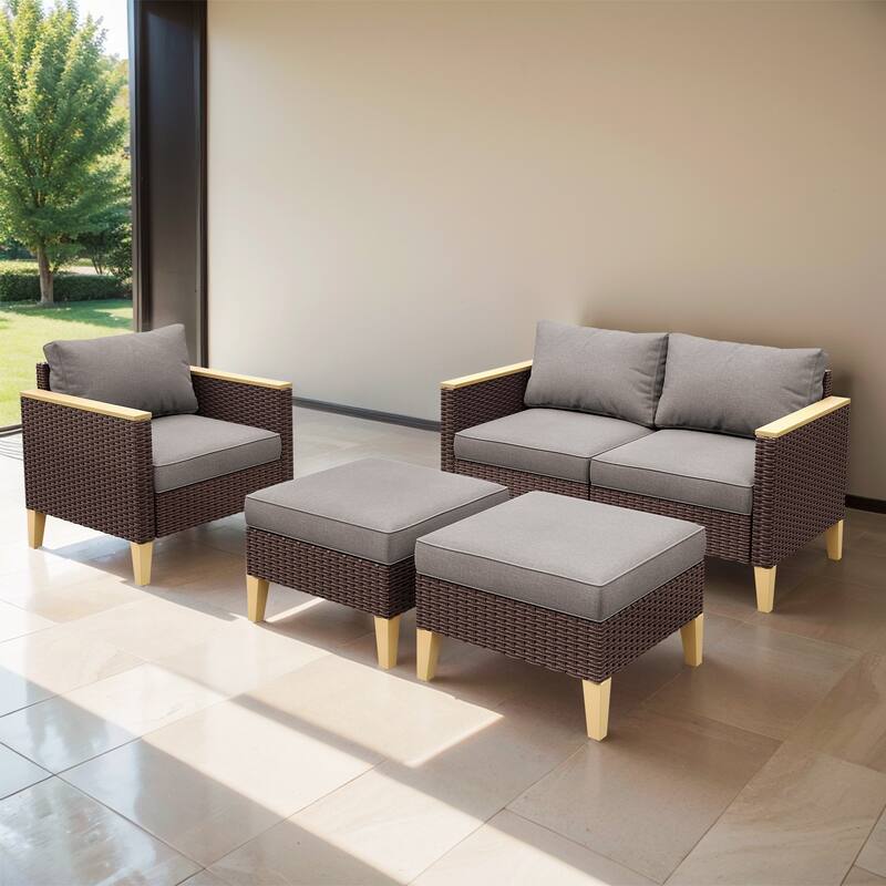 Gymojoy OUtdoor High Back Couch with Chair and Ottomans - Brown - Grey