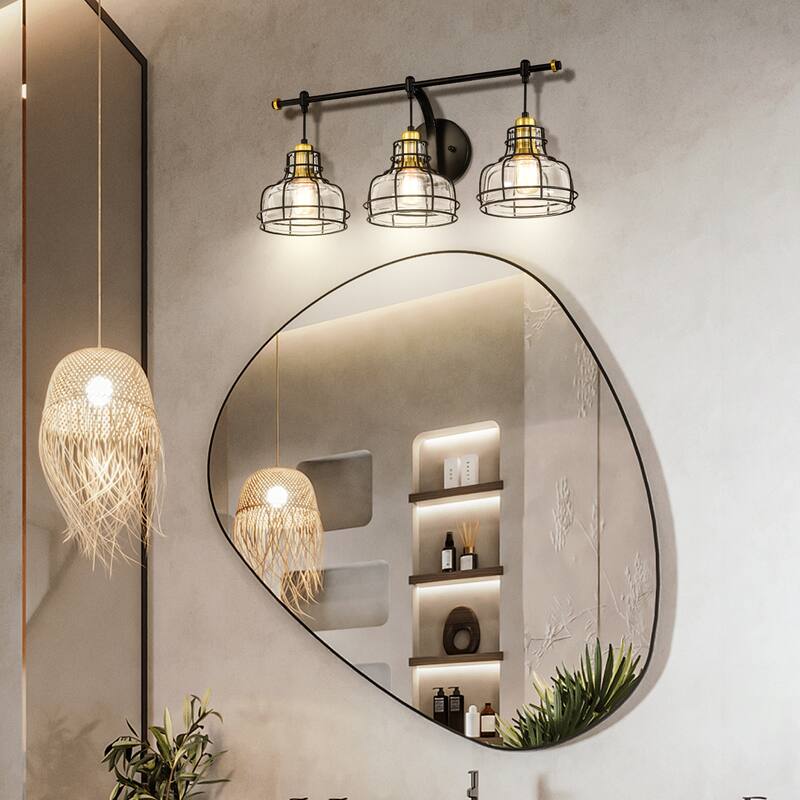 Black and Antique Gold 3-Light Vanity with Clear Glass Shades