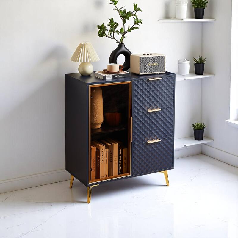 Accent Cabinet with 3 Drawers and 2 Glass Shelve,Tempered Glass Doors & Metal Legs,Storage Sideboard for Living Room or Entryway