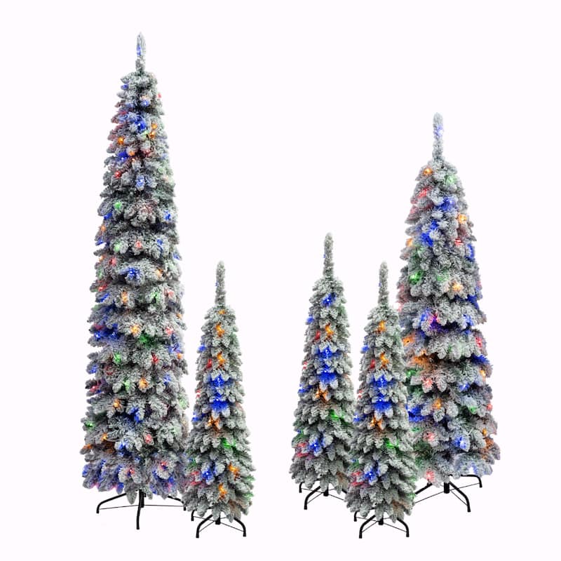 8FT,6FT,4FT x 3 Pre-Lit Pencil Christmas Trees, 5-set Slim Artificial Christmas Tree With Snow Flocking, with 11 Lighting Modes